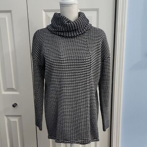 CAbi Black and White Front & Back Slit, Cowl Neck Sweater